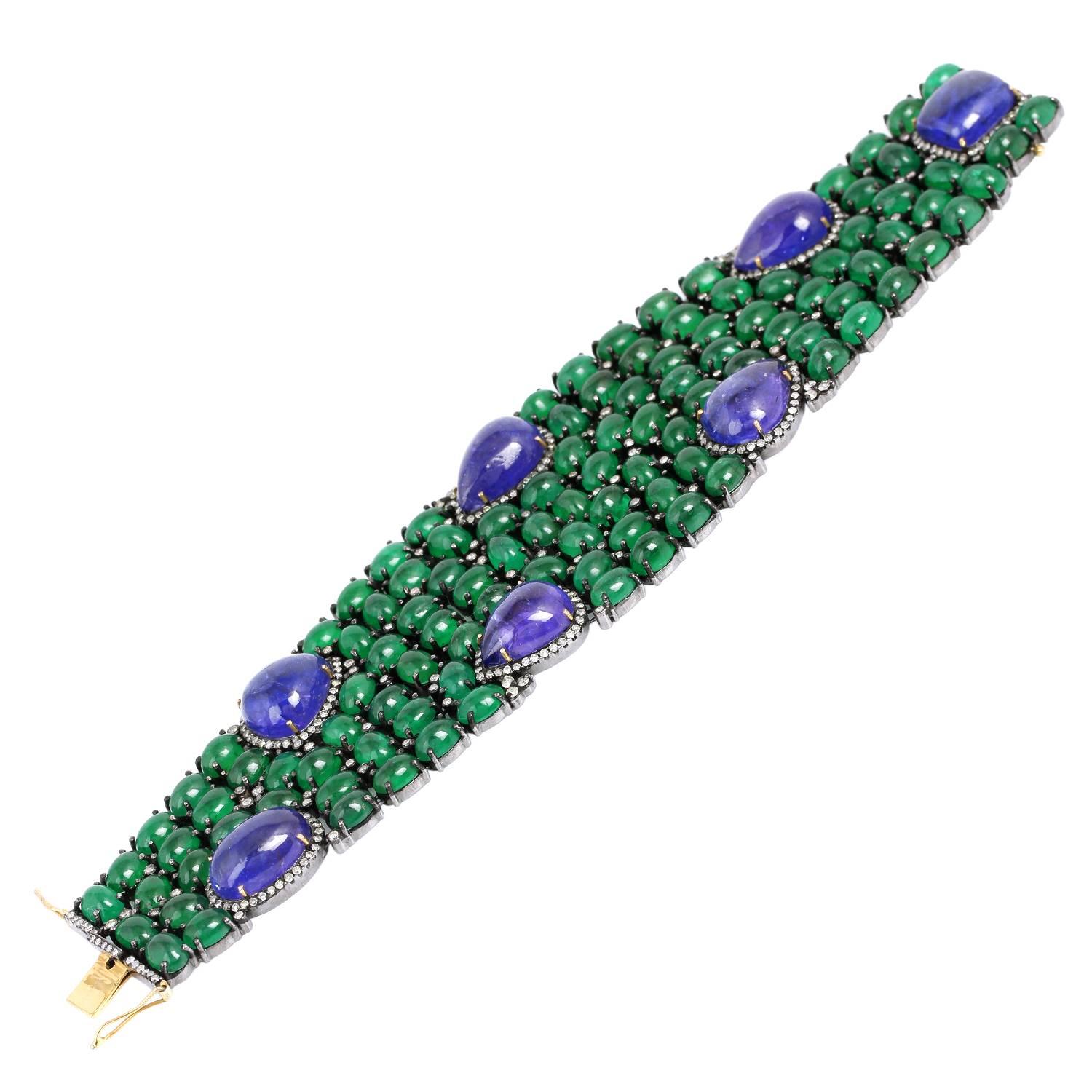 Modern Tanzanite Emerald Diamond Silver Gold Bracelet