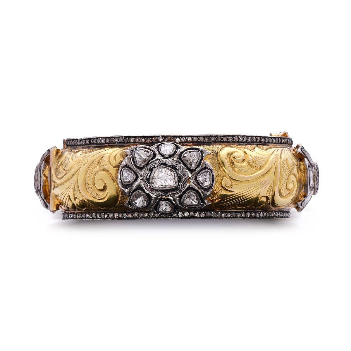 Victorian Royal Looking Rose Cut Diamond Gold Bangle Bracelet