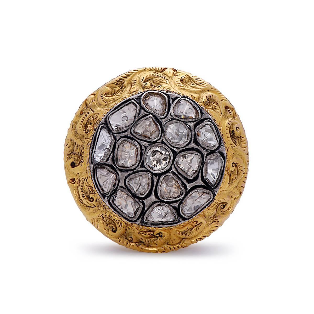 Feel like a queen when you wear this 14K yellow gold handcarved Rosecut Diamond Ring. This round cocktail ring is handcarved with beautiful petal design around the diamond cluster band and on the back side. 

Ring Size: 6.75 (can be sized)
14K