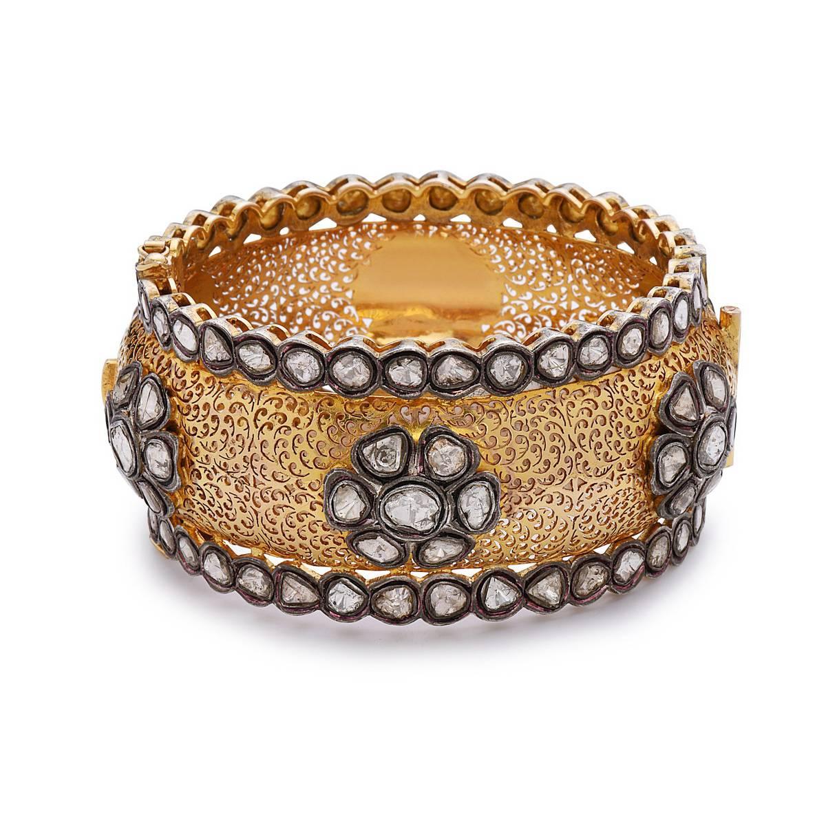 Taille mixte Bracelet en or jaune 14k et argent avec diamant Rosecut en vente