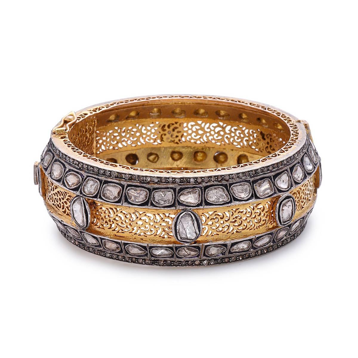 Victorian Stunningm Bangle with Rose Cut Diamonds in Gold and Silver