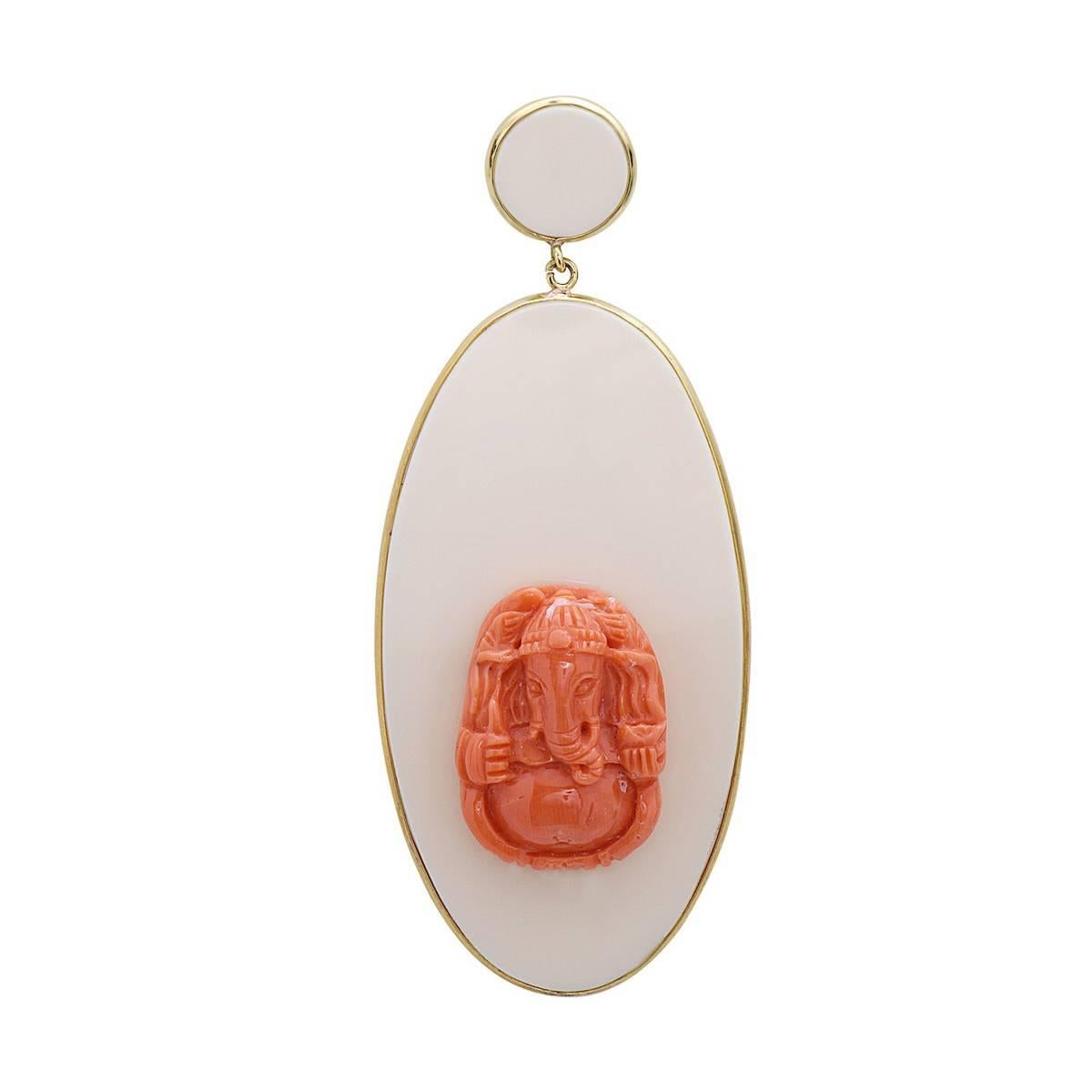 Modern Beautiful Italian Bakelite Gold Earrings with Coral Ganesh