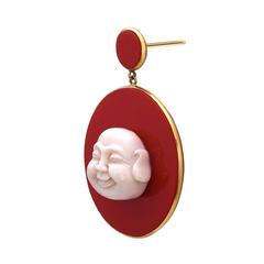 Beautiful Italian Red Bakelite Gold Earring with White Coral Happy Buddha