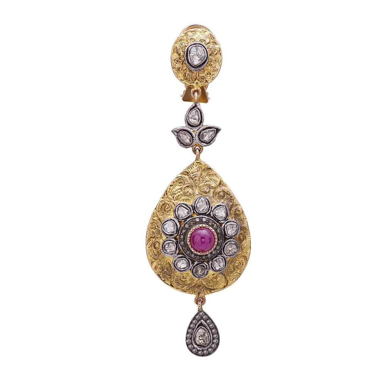 Ruby Diamond Gold Floral Motif Dangle Earrings In New Condition In New York, NY
