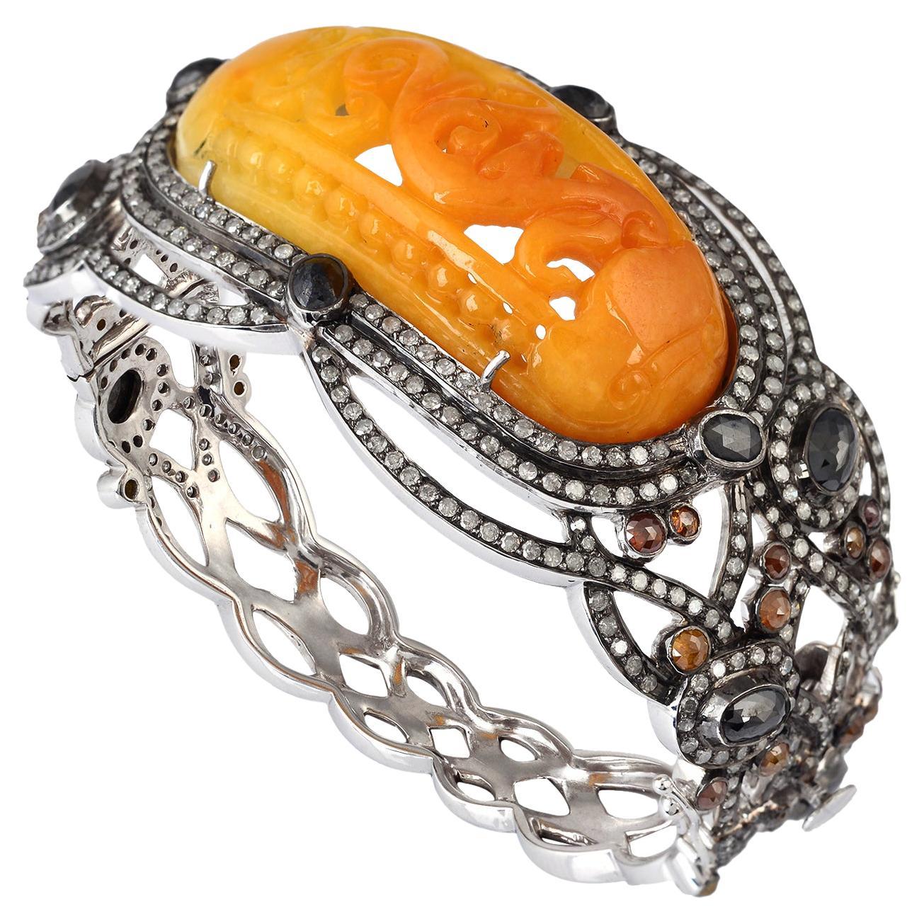 Designer Bracelet with Carved Center Stone Jade & Pave Diamonds In Gold & Silver For Sale