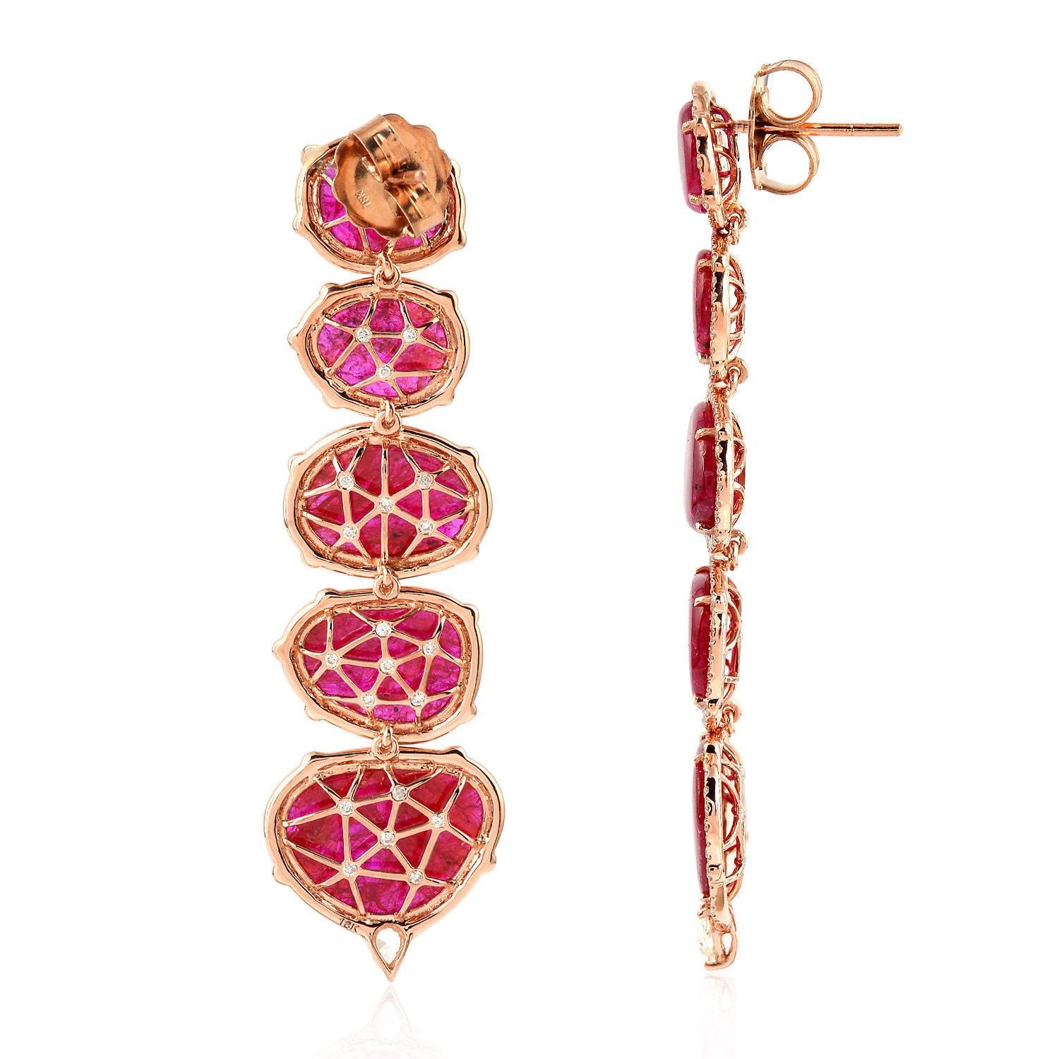 Modern Sleek Enhanced Ruby Slice Diamond Gold Dangle Earrings