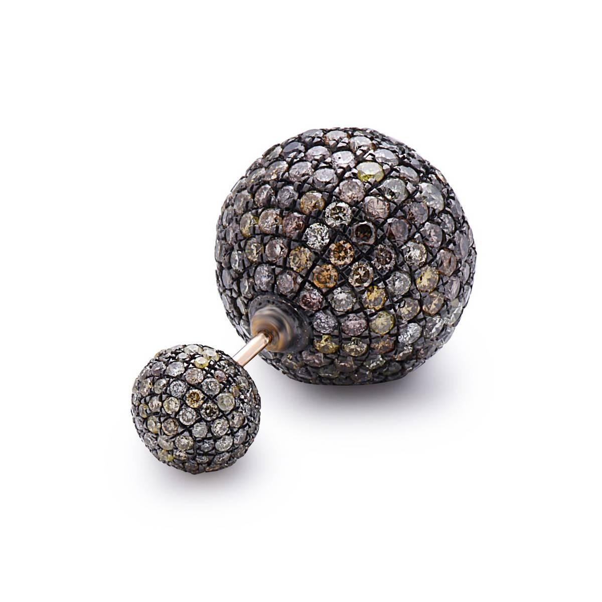 Stunning Fancy Yellow Diamond Ball Earring worn from back to front. The diamonds are set on silver with gold post.  Wear it with you hair tied up. Ball Size is front is 8mm and back 16mm. Also you can just wear the front ball as