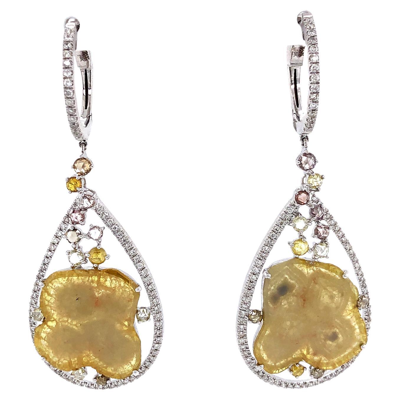 18k Gold Sliced Yellow Diamond Earring Caged In Pear Shaped Pave Diamond Setting For Sale