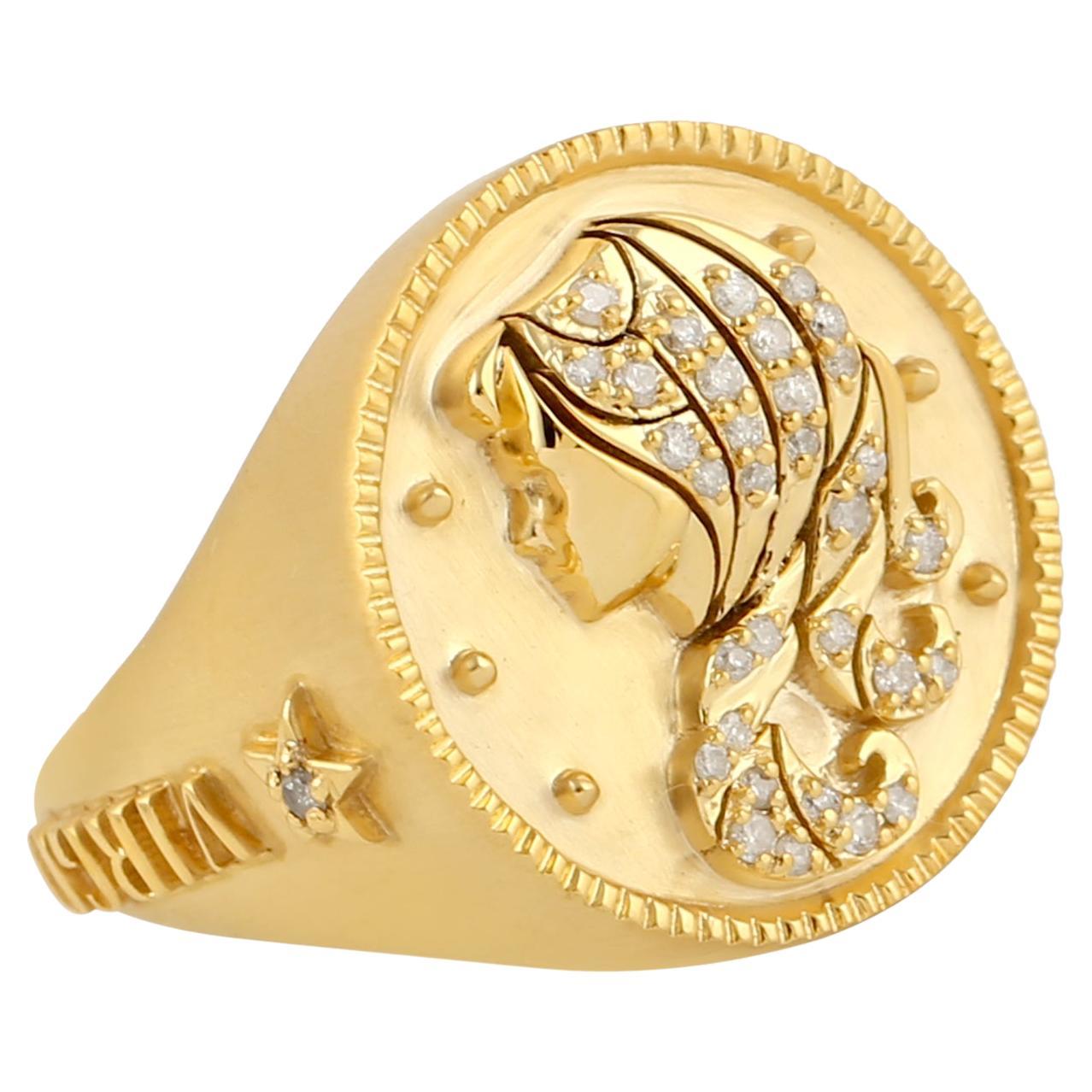 14k Golden Ring With Pave Diamong Setting In Swirl Virgo Zodiac Sunsign For Sale