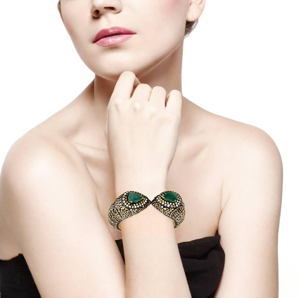 Emerald Cut Emerald Diamond Silver Gold Bangle Bracelet