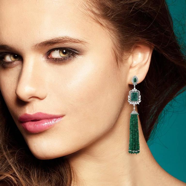 Emerald Diamond Gold Tassel Earrings at 1stDibs