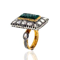 Carved Center Emerald Ring Surrounded By Diamonds Made In 14k Gold & Silver