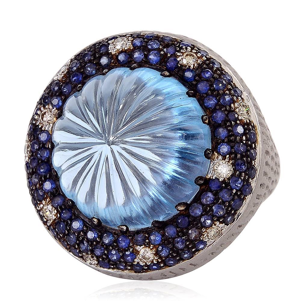 Blue Topaz Blue Sapphire Diamond Gold Ring In New Condition In New York, NY