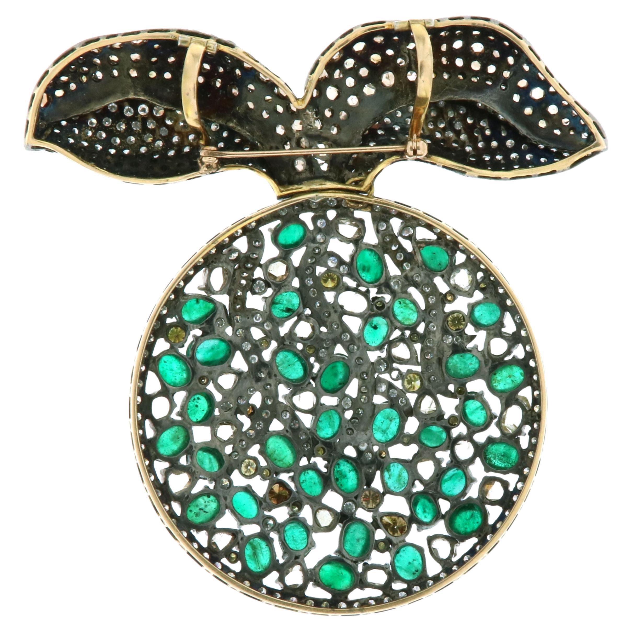 Rosecut Pendentif broche émeraude et diamant