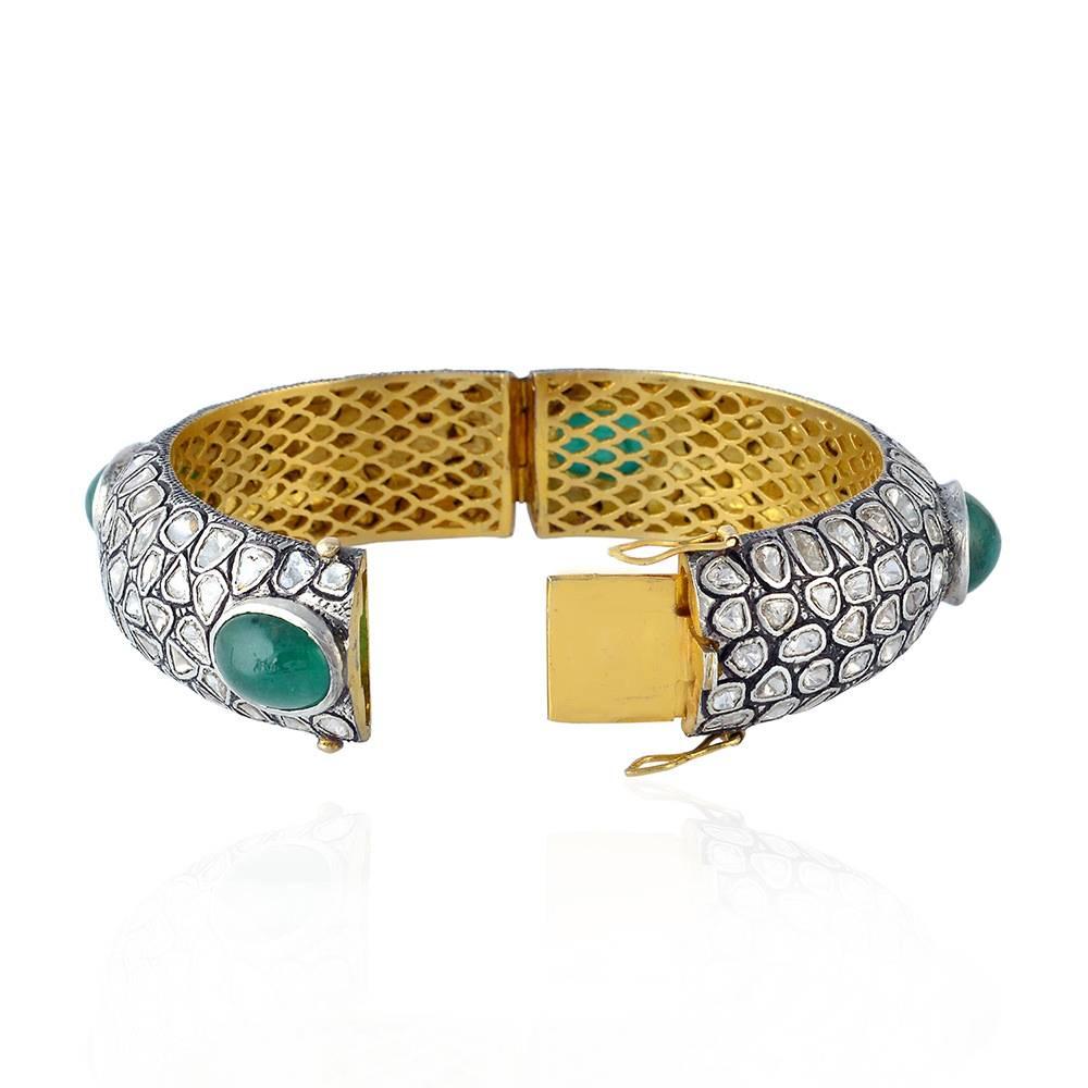 Victorian Emerald and Rosecut Diamond Bangle Made In 14k Gold & Silver For Sale