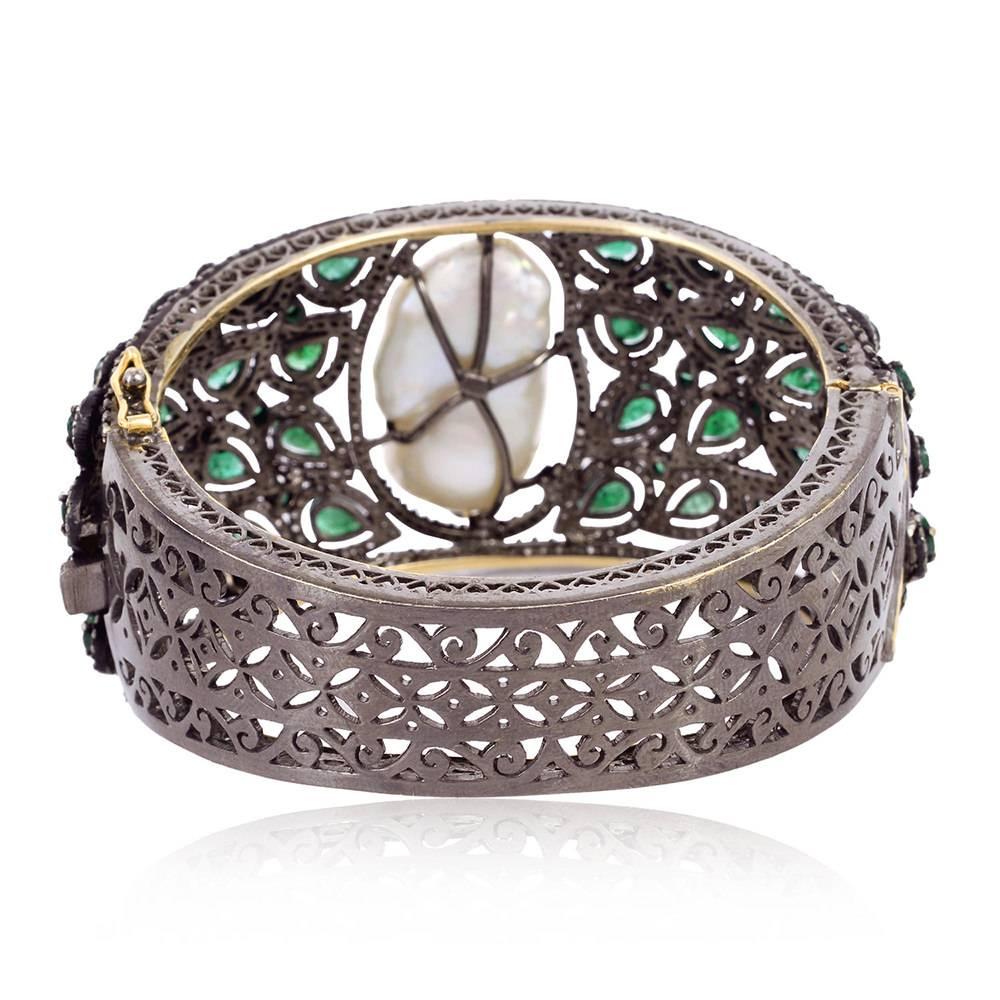 Modern Pearl and Emerald Bangle with Diamonds