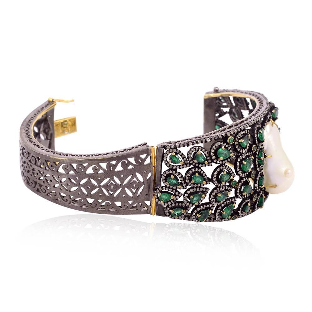 Women's Pearl and Emerald Bangle with Diamonds