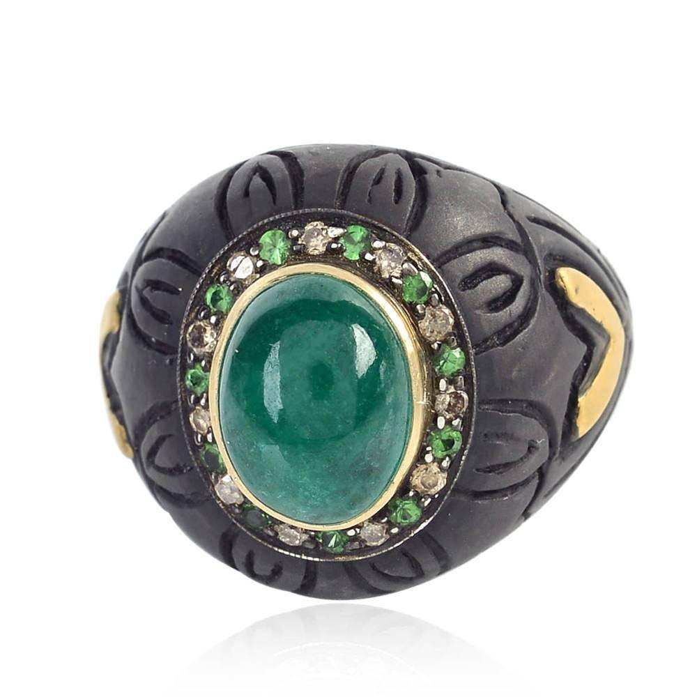 Antique looking Domed Yellow Gold Ring with Oval Cabochon Emerald in center 

14k:1.24g
Diamond:0.28ct
Slv:10.73gm
Emerald:3.85ct
Tsavorite:0.20ct
