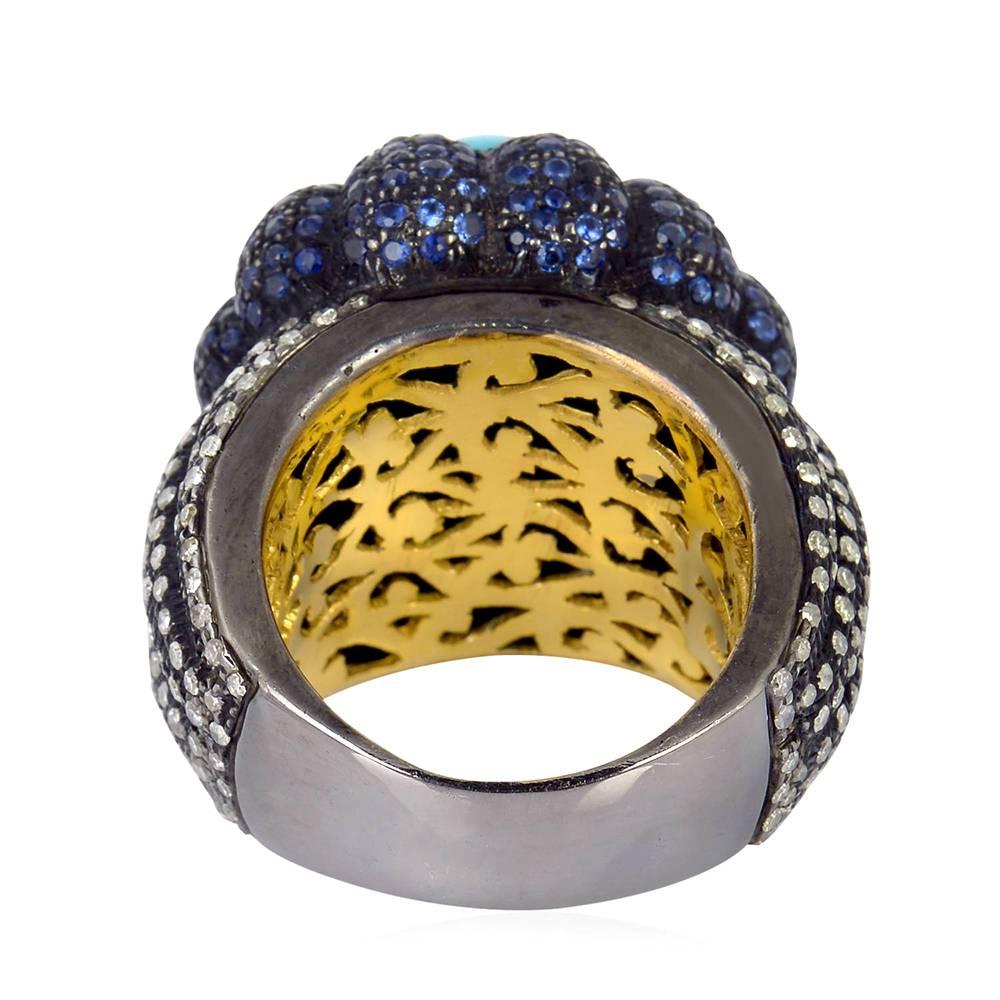 Turquoise Sapphire Diamond Gold Cocktail Ring  In New Condition In New York, NY