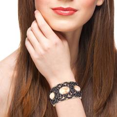 Oval Shaped Coral Bangle With Diamonds Made In 14k Gold & Silver