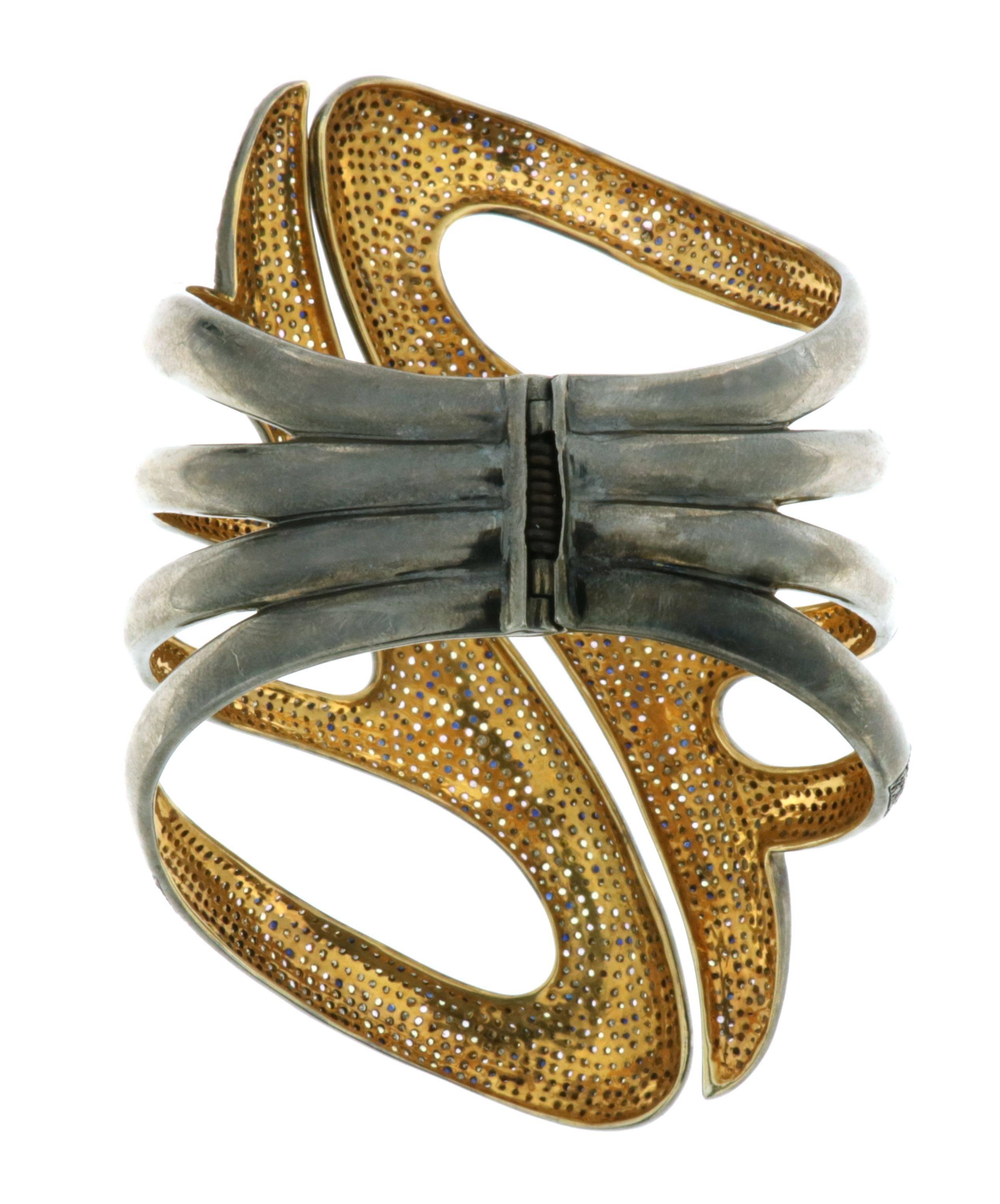 Modern Multicolor Sapphire Diamond Gold Cuff Bracelet