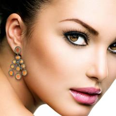 Peach Moonstone Chandelier Earrings With Diamonds In 14k Yellow Gold & Silver