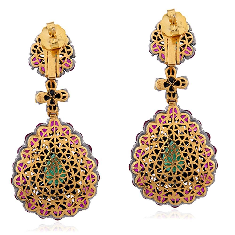 Artisan Ruby Emerald Diamond Gold Earrings