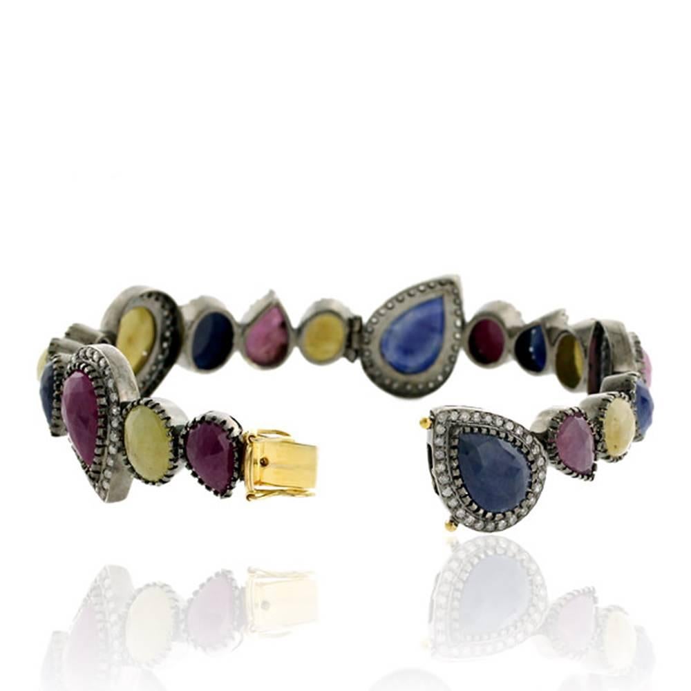 Mixed Cut Multi Sapphire Bracelet With Diamonds Made In 18k White Gold & Silver For Sale