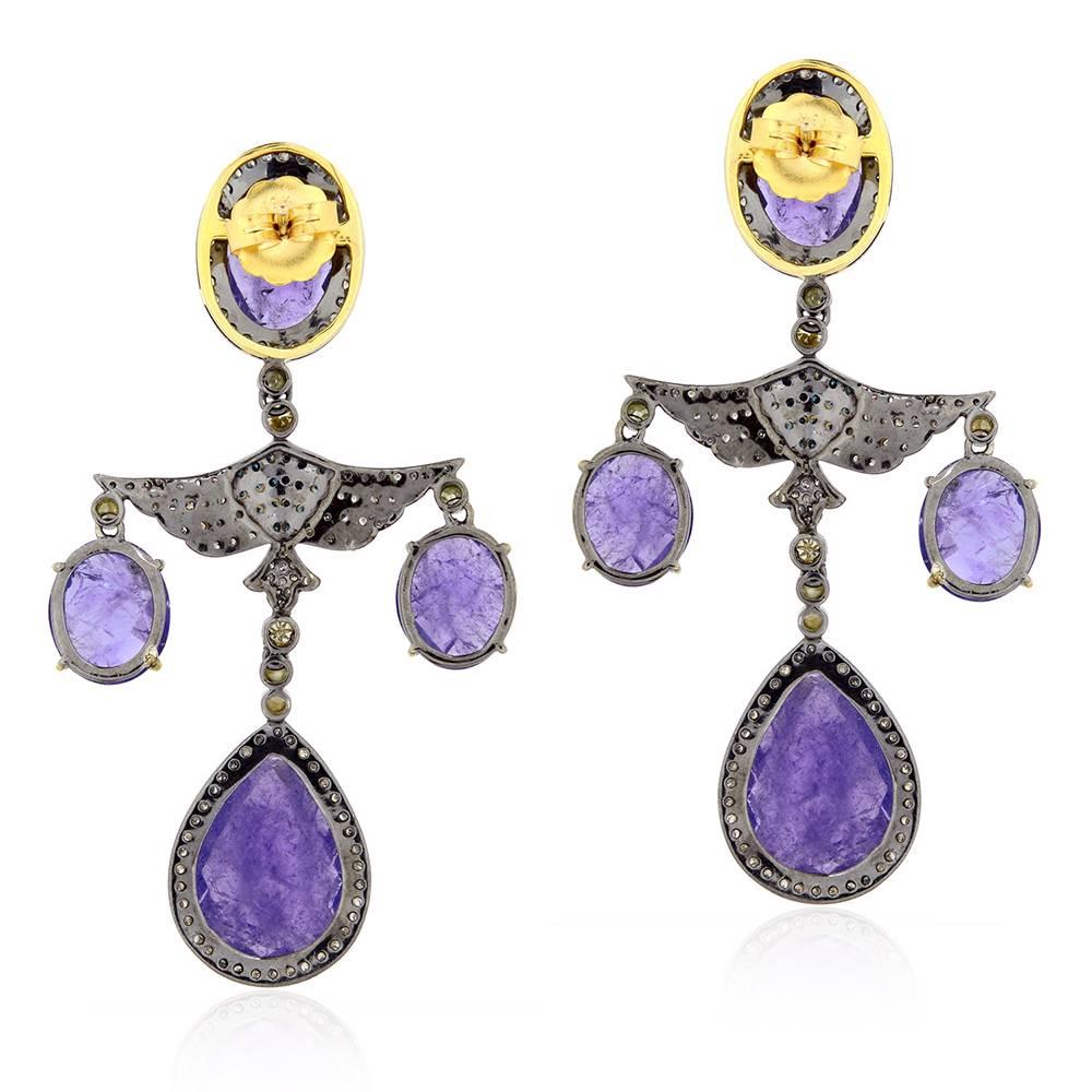 Modern Multishaped Tanzanite Dangle Earrings With Diamonds In 18k Gold & Silver  For Sale