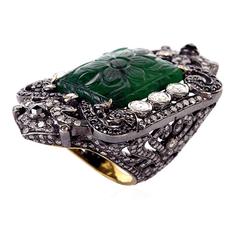 Carved Emerald Diamond Rhodium Silver Ring