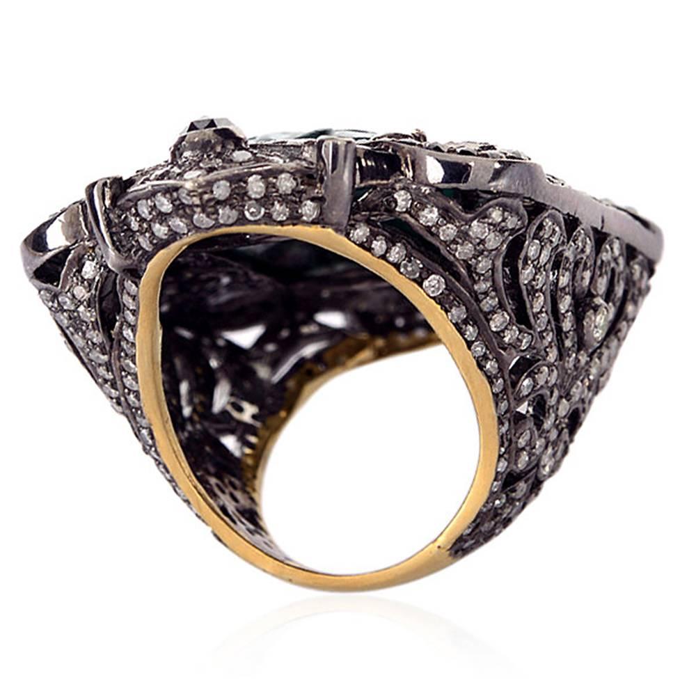 Art Deco Carved Emerald Diamond Rhodium Silver Ring For Sale