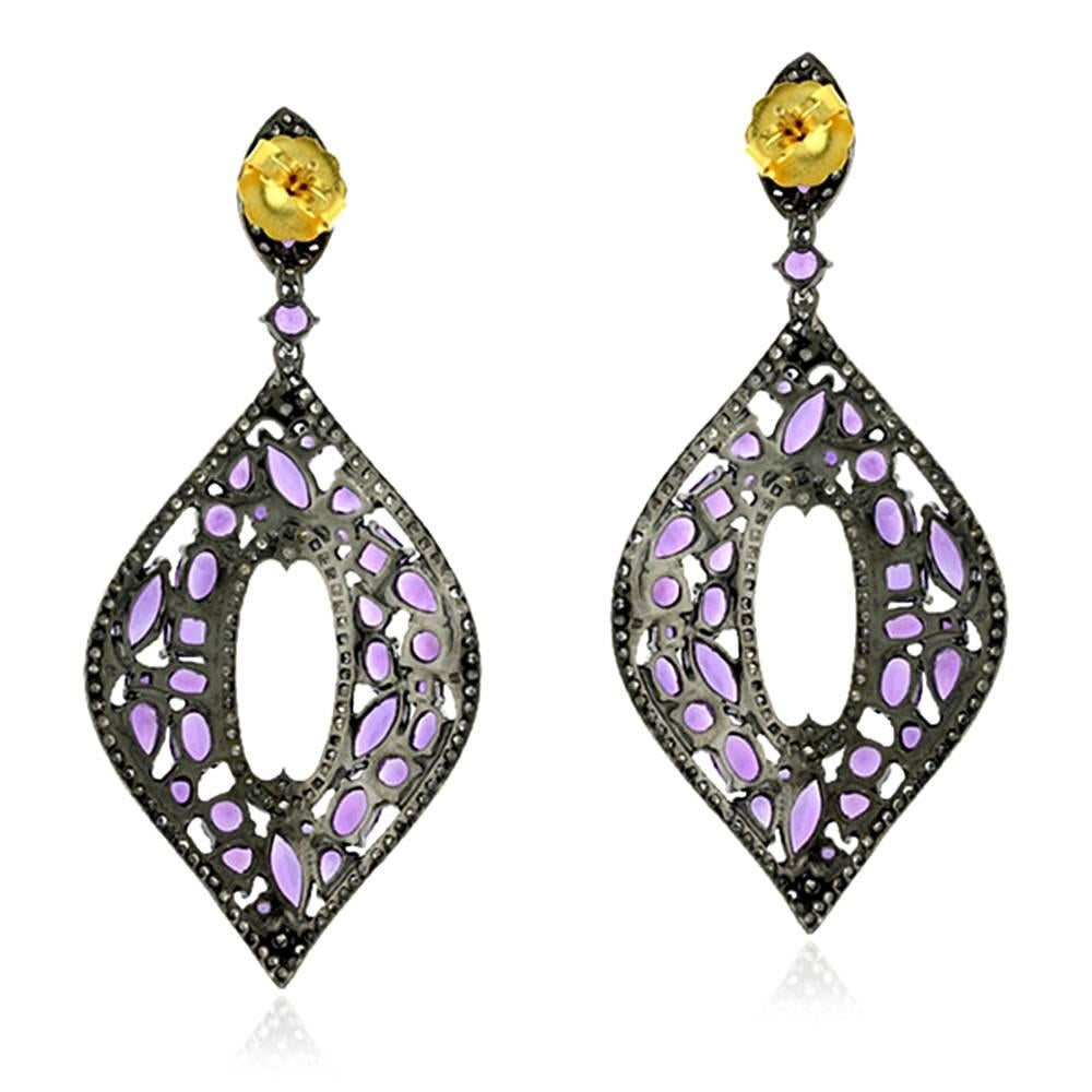 Artisan Mosaic Designed Amethyst Diamond Gold Earrings For Sale