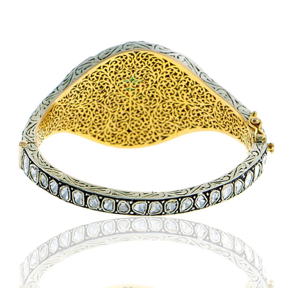 Victorian 3.05 ct Center Stone Emerald & Rosecut Diamond Bracelet In 14k Yellow Gold For Sale
