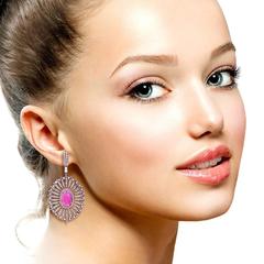 Radiant Ruby & Diamond Sunburst Dangle Earrings in 18k Gold & Silver