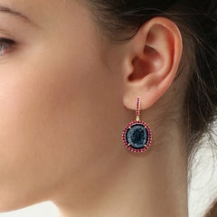 18K Yellow Gold Natural Geode & Ruby Halo Dangle Earrings