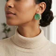 Natural Emerald Hexagon Diamond Drop Earrings 18K Yellow Gold