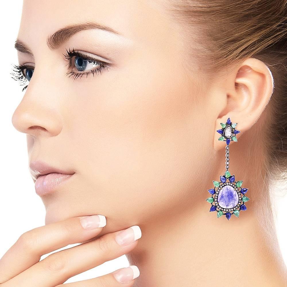 Modern Tanzanite Blue Sapphire Emerald Earring with Diamonds