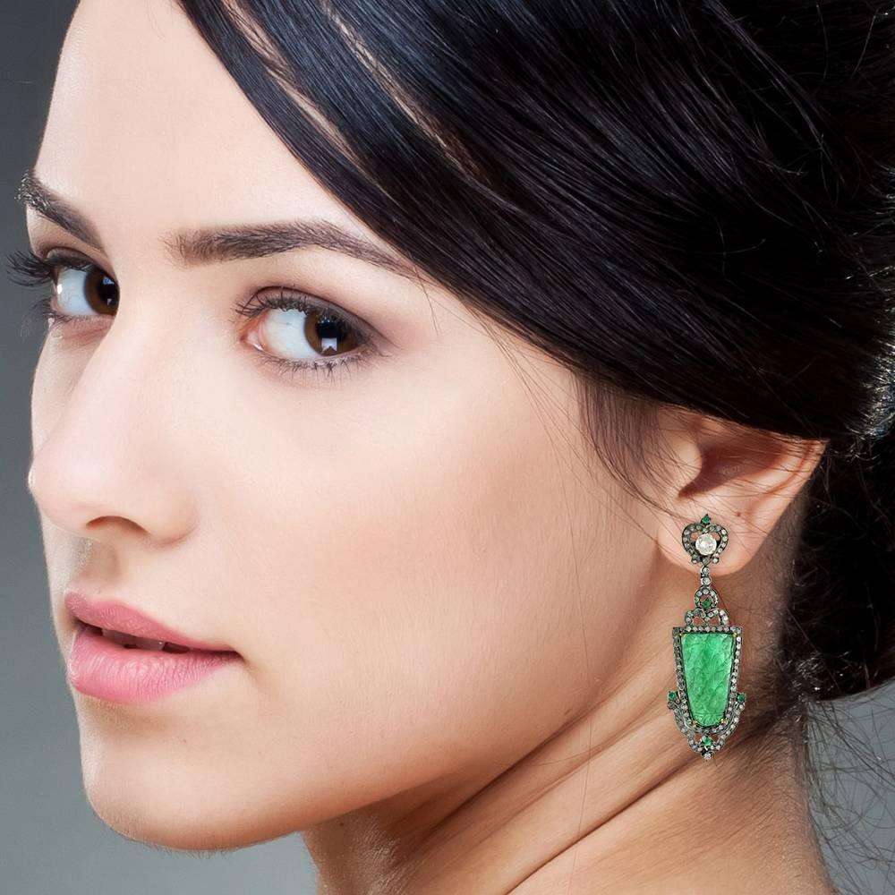 Art Nouveau Carved Emerald Earring with Diamonds