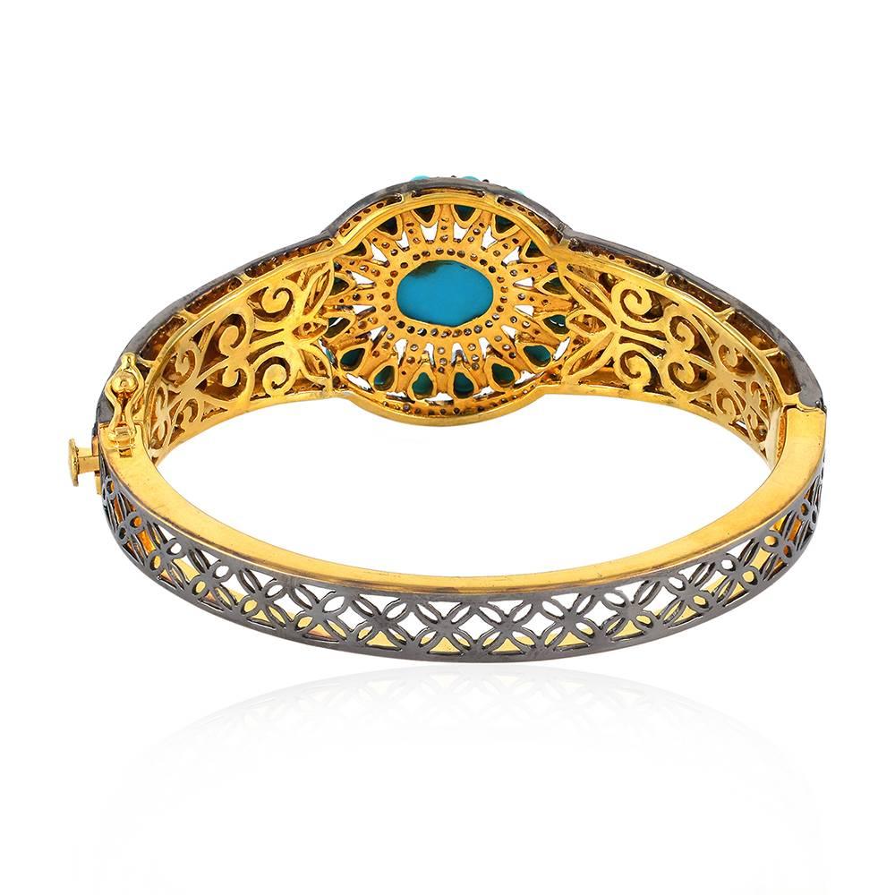 Turquoise and Rose Cut Diamond Bangle In New Condition In New York, NY