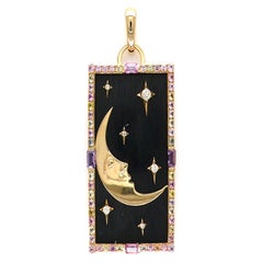 Multi Sapphire Diamond Crescent Moon Celestial Pendant 18K Gold Wood