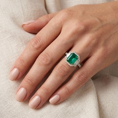 18K Yellow Gold Emerald-Cut Zambian Emerald & Diamond Halo Cocktail Ring
