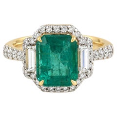 18K Yellow Gold Emerald-Cut Zambian Emerald & Diamond Halo Cocktail Ring