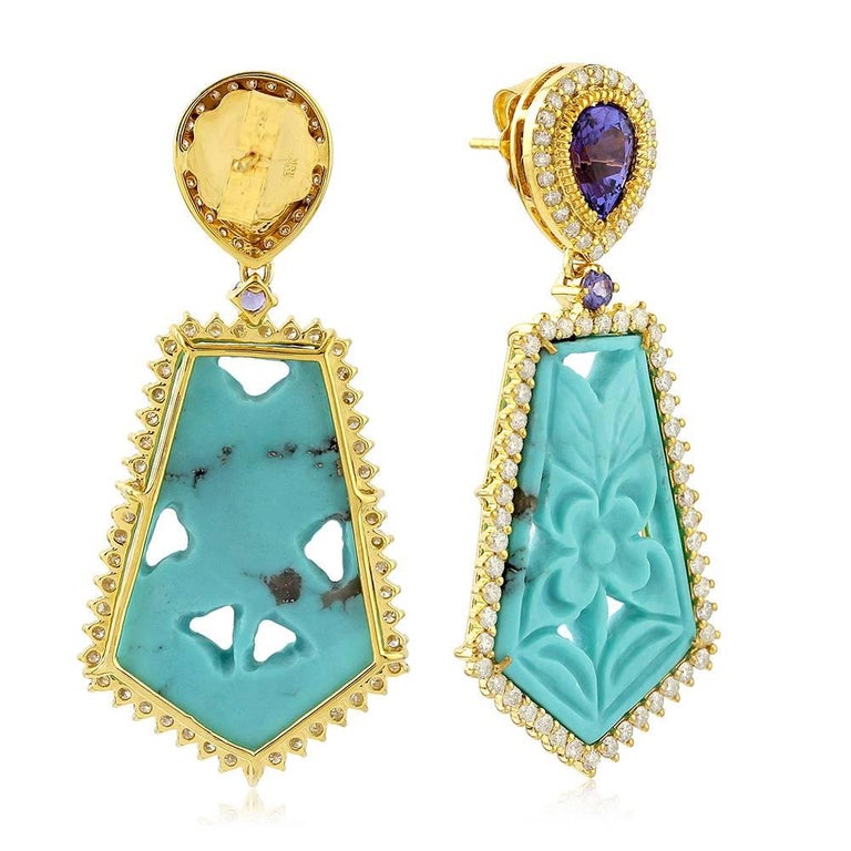 Carved Turquoise Earring with Diamonds and Tanzanite at 1stDibs