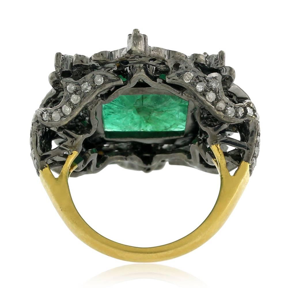 Artisan Carved Emerald Ring with Diamonds