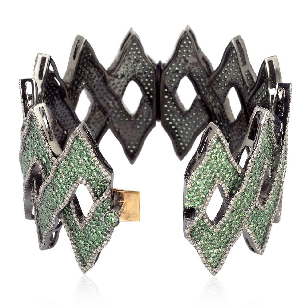 Taglio misto Bracciale con diamanti e tsavorite in oro e argento 14k in vendita