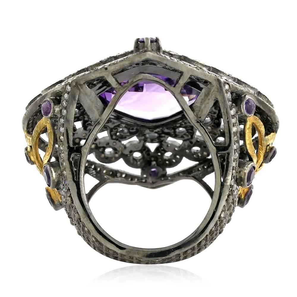 Modern Checkered Amethyst Ring with Diamonds For Sale