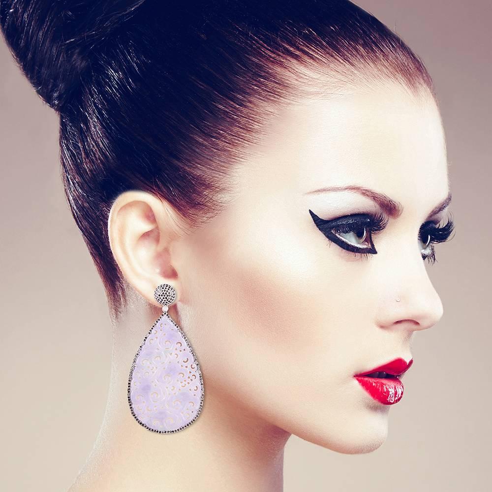 Art Nouveau Lavender Jade Earring with Black Diamonds