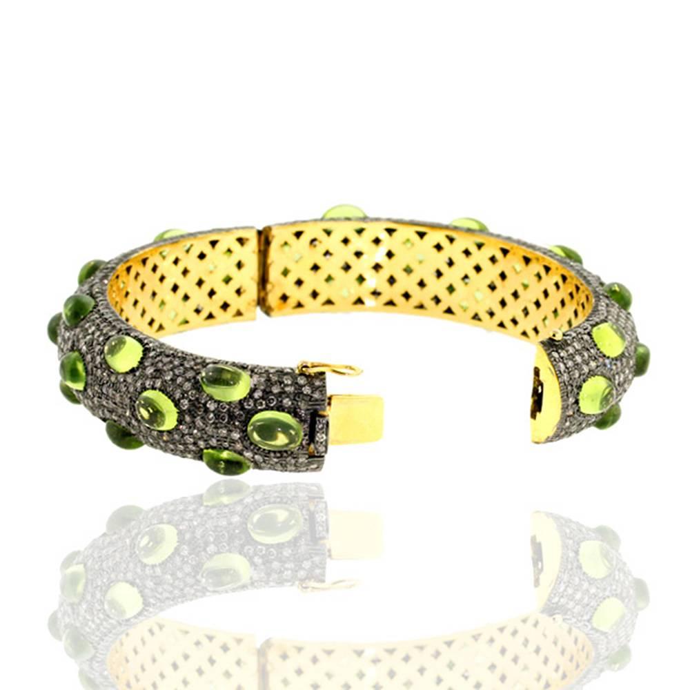 Taille mixte Bracelet jonc en or jaune 14 carats et argent avec diamants pavés en vente