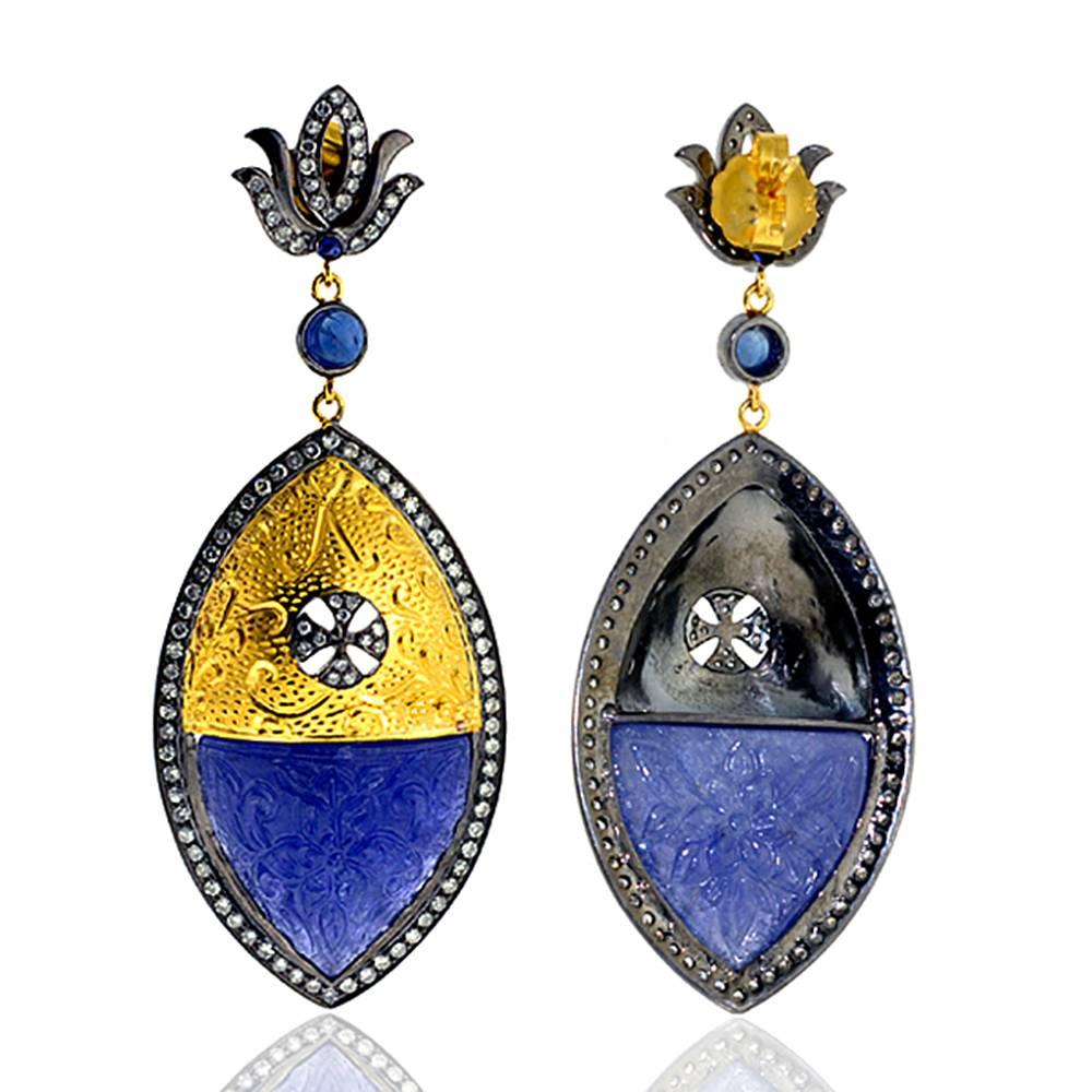 Artisan Carved Tanzanite Earring in Gold and Silver with Diamonds For Sale
