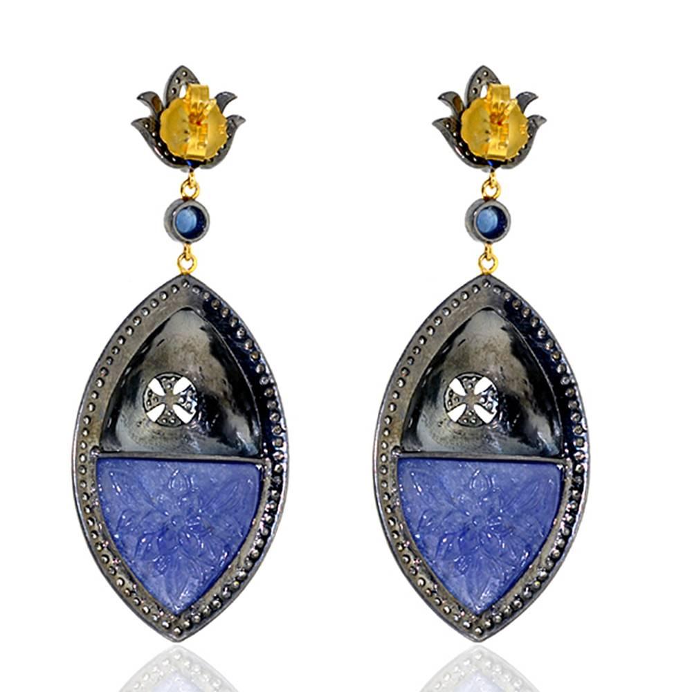 Artisan Carved Tanzanite Earring in Gold and Silver with Diamonds For Sale